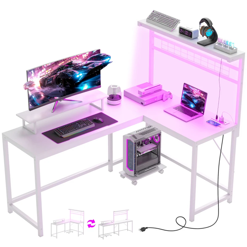 HOMCOM 61.6" L Shaped Gaming Desk with Power Outlets & LED Lights, Computer Desk with Monitor Stand and CPU Shelf, White