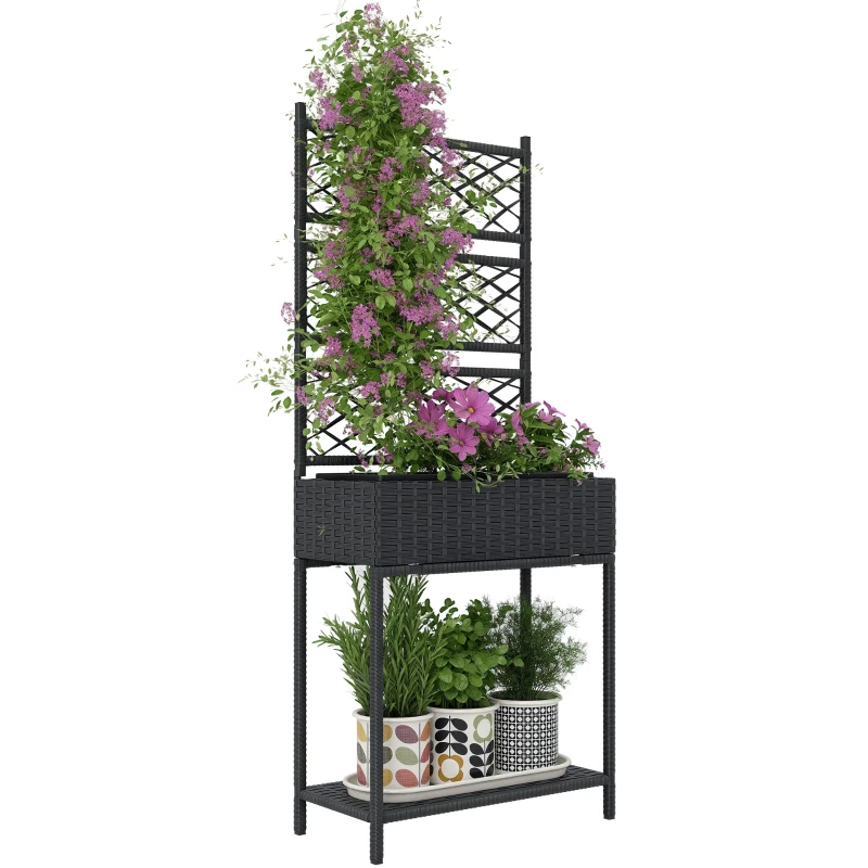 Outsunny Outdoor Wicker Planter with Trellis for Climbing Plants, Freestanding Rattan Garden Box with Storage Shelf, Black