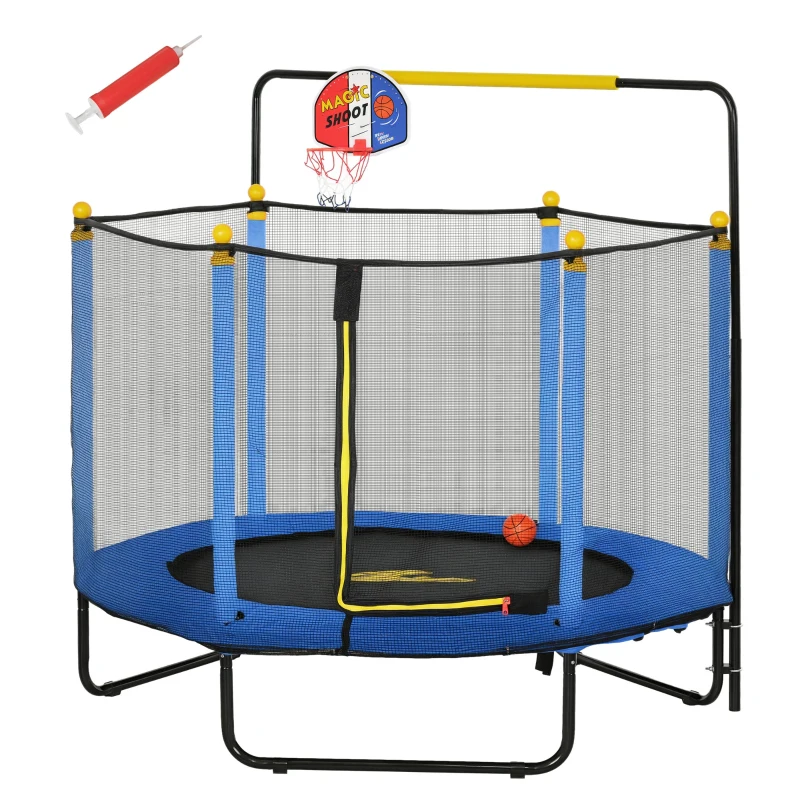 Qaba Kids Trampoline with Net, Basketball Hoop, Horizontal Bar Indoor, Blue