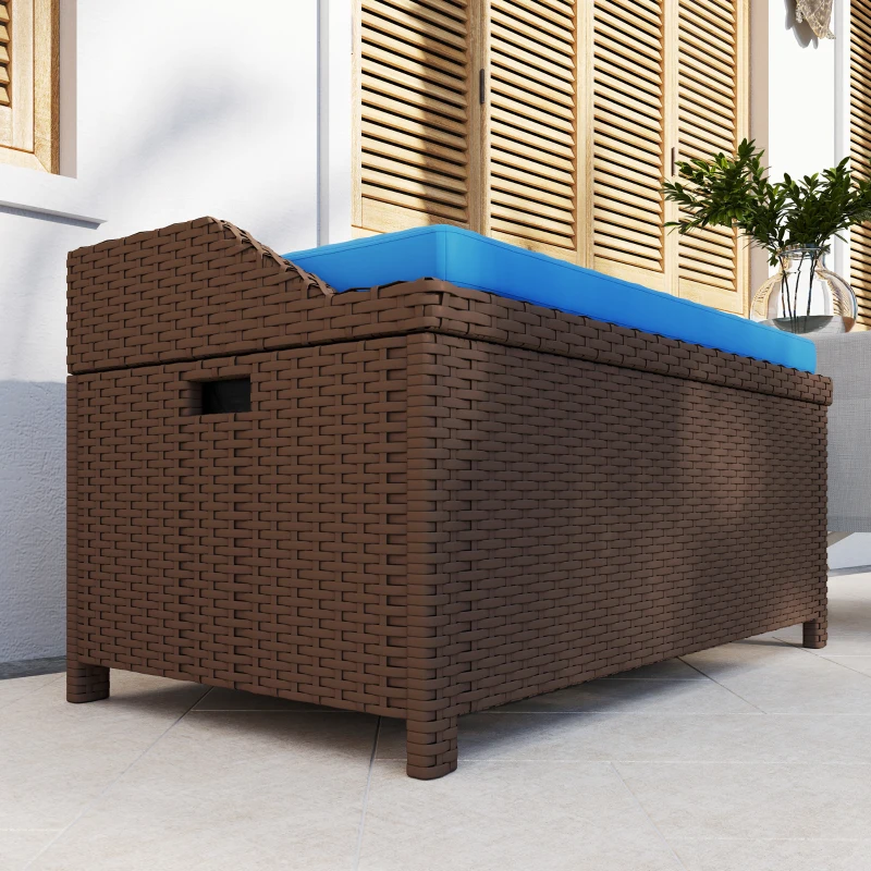 Outsunny Outdoor Wicker Storage Bench with Storage & Cushion, Blue