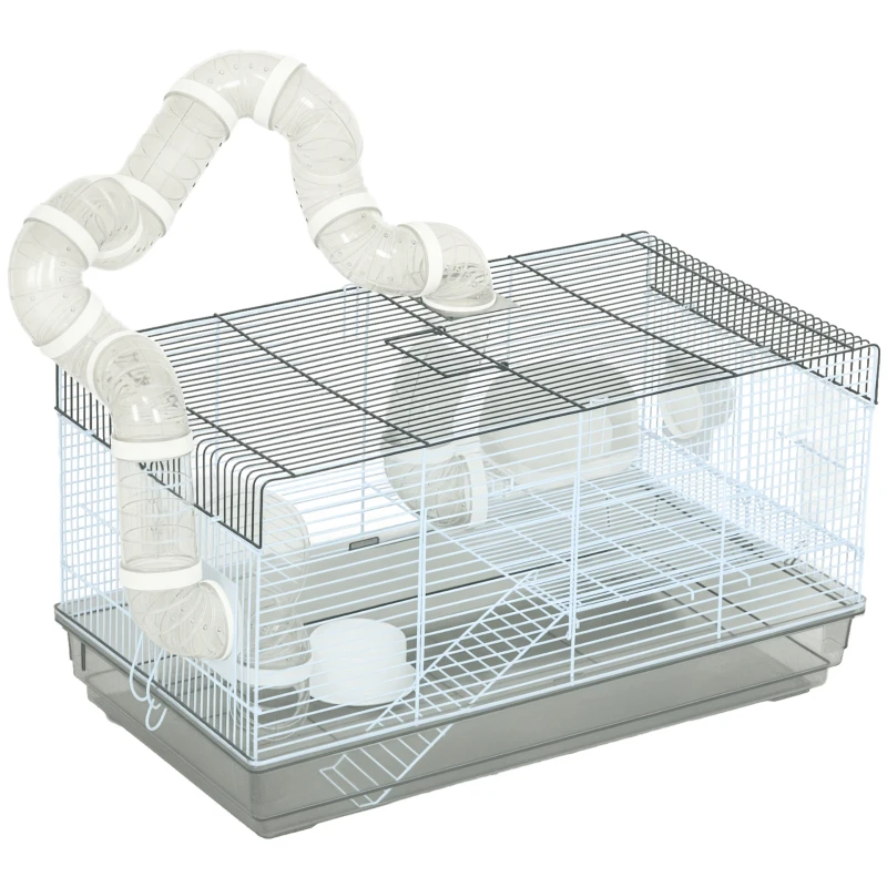 PawHut Small Animal Cage for Gerbil or Dwarf Hamster w/ Tubes, Exercise Wheel, Food Dish, Water Bottle, 23" x 13" x 12", Gray