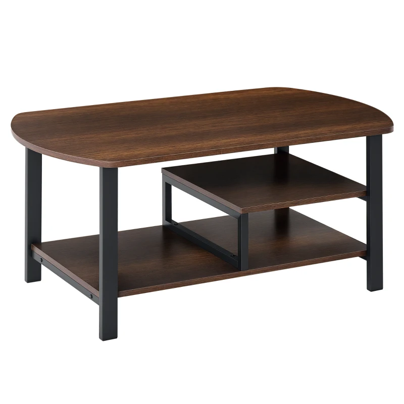 HOMCOM Vintage Industrial Coffee Table with Under-Top Storage Shelves and Rounded Corners, Dark Wood Color