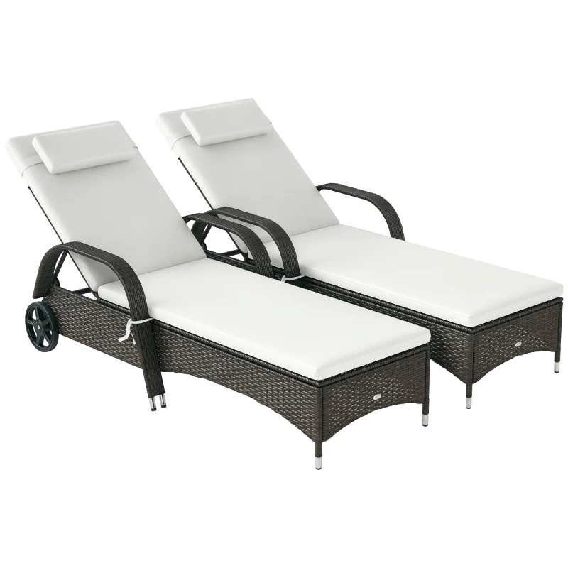 Outsunny 2 Reclining Chaise Lounge Chairs, Rolling Outdoor Chairs with Cushion, Pillow, Headrest, Armrests, and Wheels, Cream