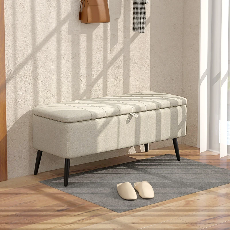 HOMCOM 40" Ottoman with Storage, Linen Upholstered Storage Ottoman Bench with Steel Legs for Living Room, Bedroom Cream White