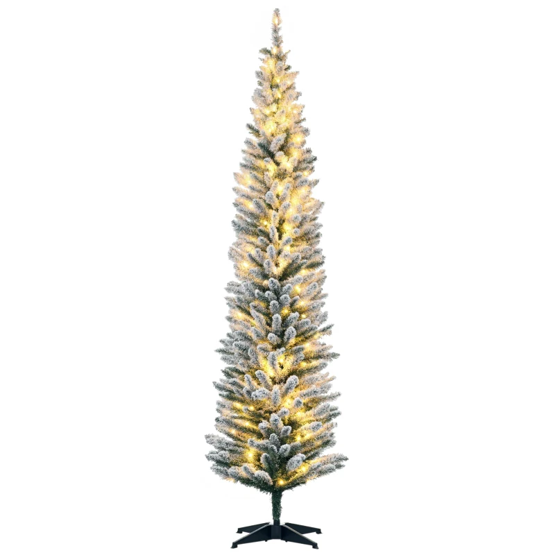 HOMCOM 7ft Pencil Christmas Tree, Slim Artificial Christmas Tree with Realistic Branches and Warm White LED Lights, Green