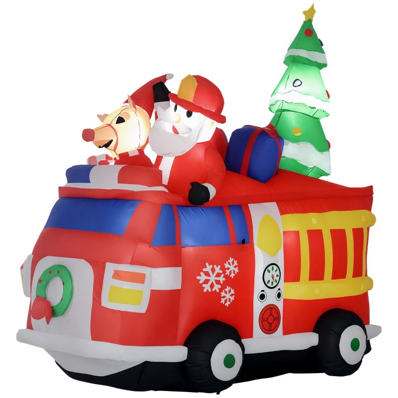 HOMCOM 7FT Christmas Inflatables Outdoor Decorations Santa Claus and Reindeer with Fire Truck, Blow-Up LED Yard Christmas Decor, Waterproof