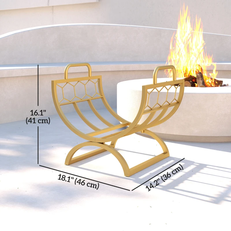 Outsunny Firewood Rack Outdoor, Heavy Duty Log Holder with Handles for Indoor Outdoor Fireplace Storage 18" x 14" x 16", Gold