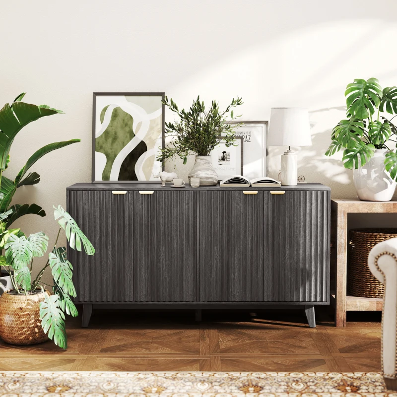 HOMCOM Fluted Sideboard Buffet Cabinet, 55" Coffee Bar Cabinet with 4 Doors, 2 Adjustable Shelves, 5 Wood Legs, Dark Gray