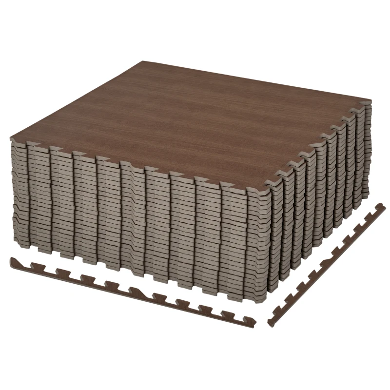 HOMCOM Wood Grain Floor Mats 1/2 Inch Thick, Interlocking EVA Foam Mats Tiles with Borders, Puzzle Exercise Mat for Home and Fit Equipment, 24 in x 24 in, Pack of 25
