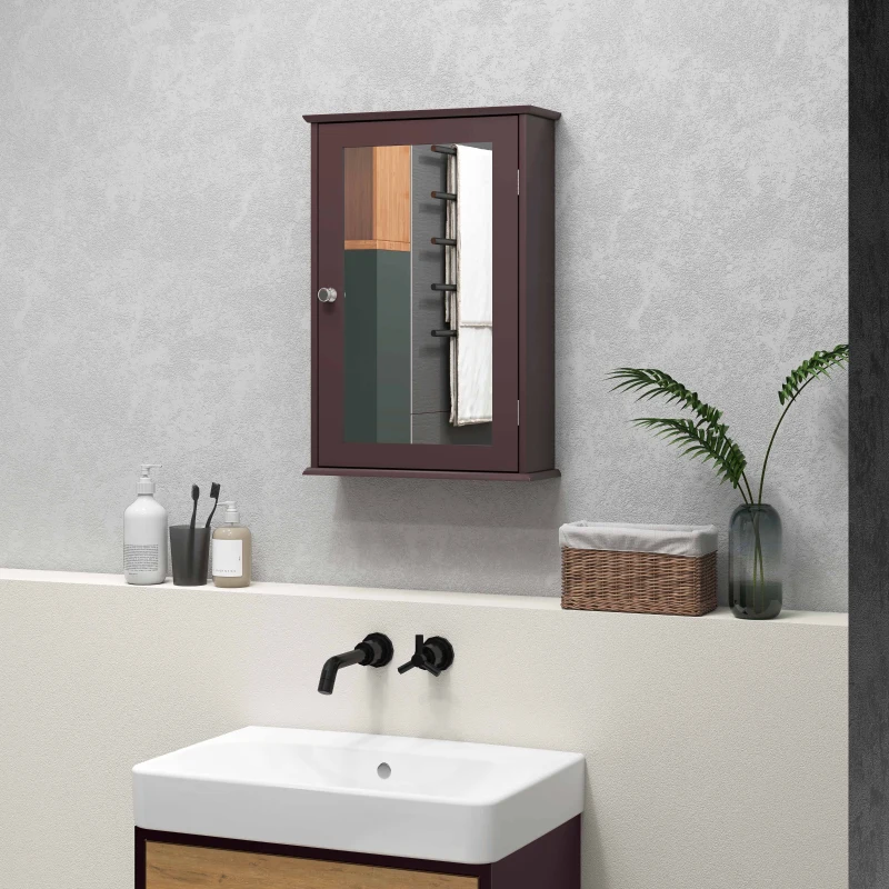 kleankin Bathroom Mirror Cabinet, Wall Mounted Medicine Cabinet with Door and Shelves, Dark Brown