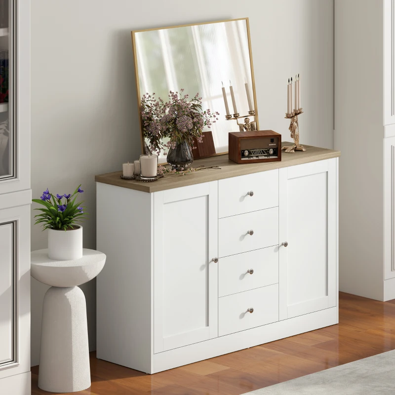 HOMCOM Country Style Sideboard Buffet Cabinet, Coffee Bar Cabinet with Adjustable Shelf, 2 Shaker Doors and 4 Drawers, White