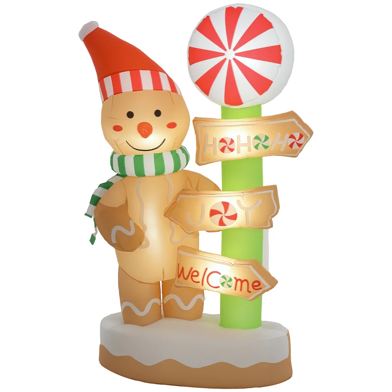 Outsunny 6' Christmas Inflatable Gingerbread Man and Signpost w/ LED Lights, Blow-Up Outdoor Display for Party