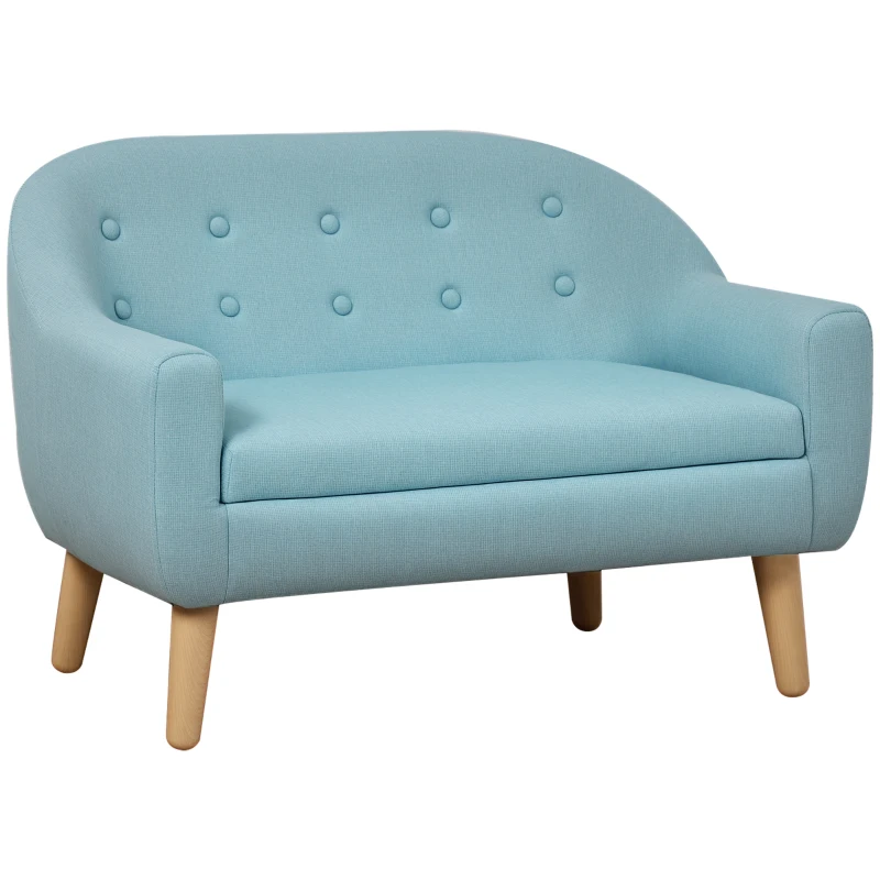 Qaba 2-Seat Kids Sofa, Toddler Sofa Couch, Linen-Like Fabric & Wood Frame Sofa Chair for Ages 3-7, 11" High Seat, Blue
