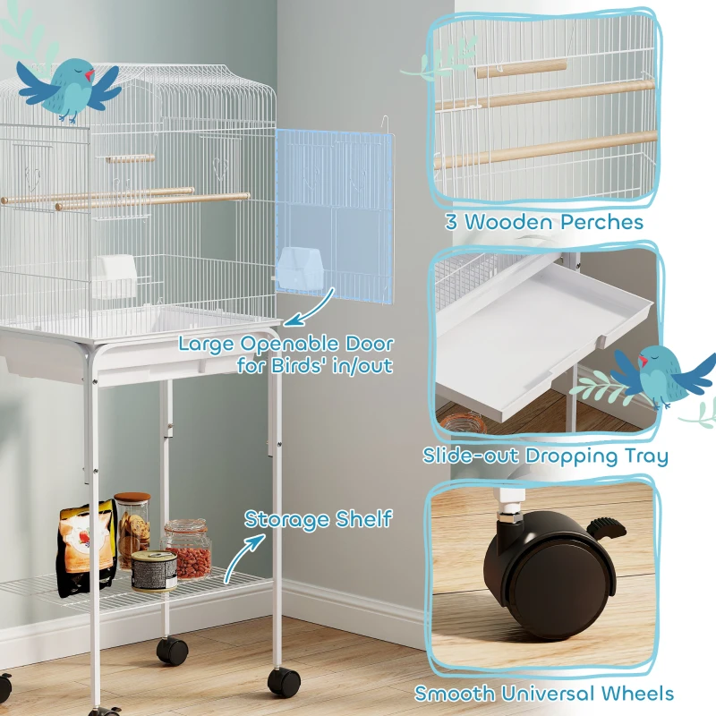 PawHut 49" Rolling Bird Cage Cockatoo House Play Top Finch Pet Supply with Storage Shelf, Wheels - White