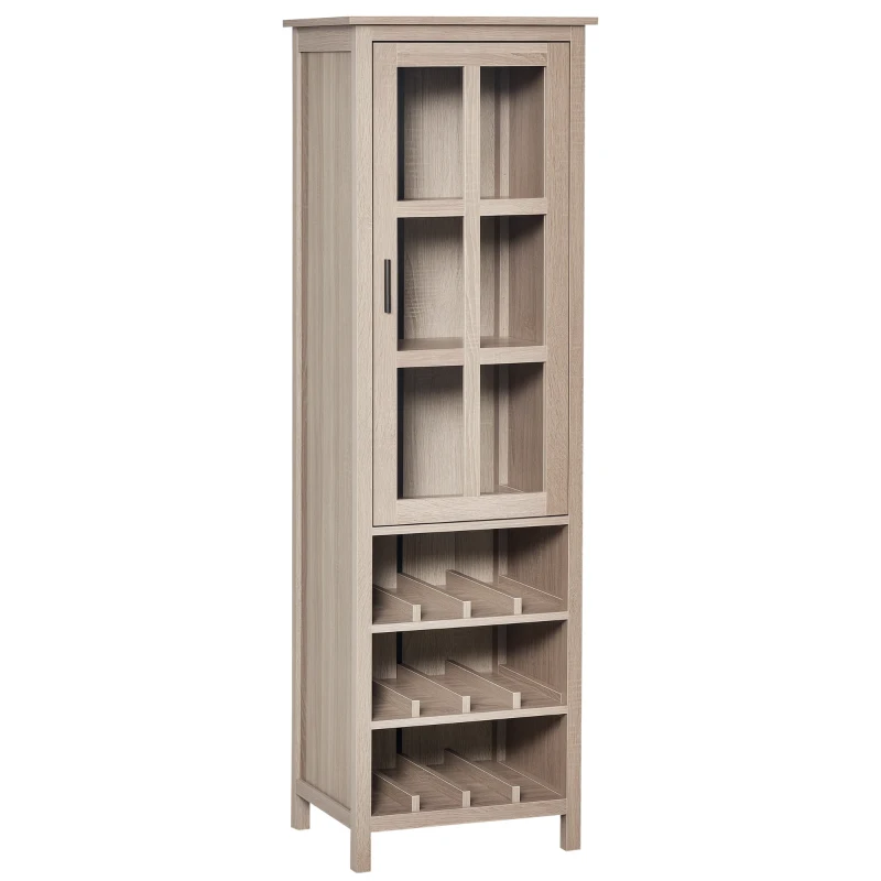 HOMCOM Tall Wine Cabinet, Bar Display Cupboard with 12-Bottle Wine Rack, Glass Door and 3 Storage Compartment for Living Room, Home Bar, Dining Room, Grey Oak