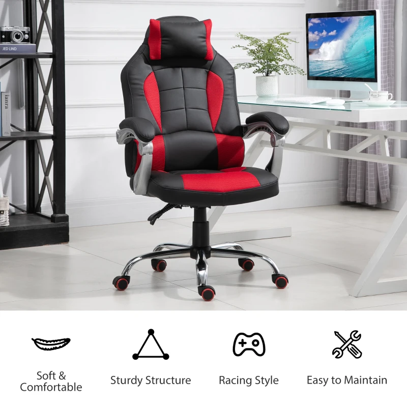 HOMCOM High Back Office Chair, Executive Racing Gaming Chair, Adjustable Recliner with Removable Headrest Pillow for Office, Black and Red