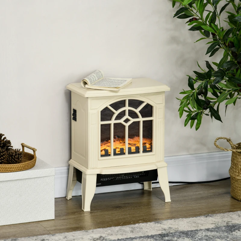 HOMCOM Electric Fireplace Heater, Freestanding Fireplace Stove with Realistic Flames Overheating Protection 750W/1500W, Cream