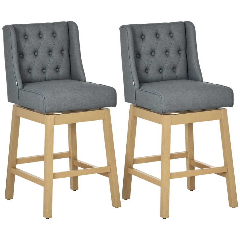 HOMCOM Set of 2 Barstools, 180 Degree Swivel Kitchen Island Stool Dining Room Chairs with Solid Wood Footrests and Button Tufted Design, Grey