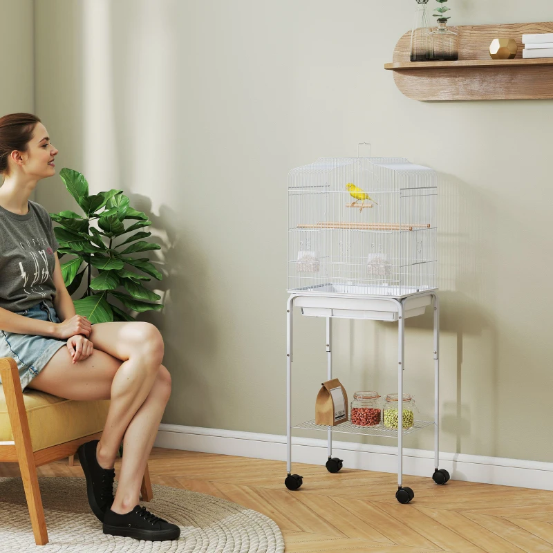 PawHut 49" Rolling Bird Cage Cockatoo House Play Top Finch Pet Supply with Storage Shelf, Wheels - White