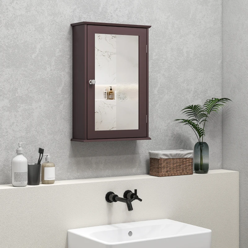 kleankin Bathroom Mirror Cabinet, Wall Mounted Medicine Cabinet with Door and Shelves, Dark Brown