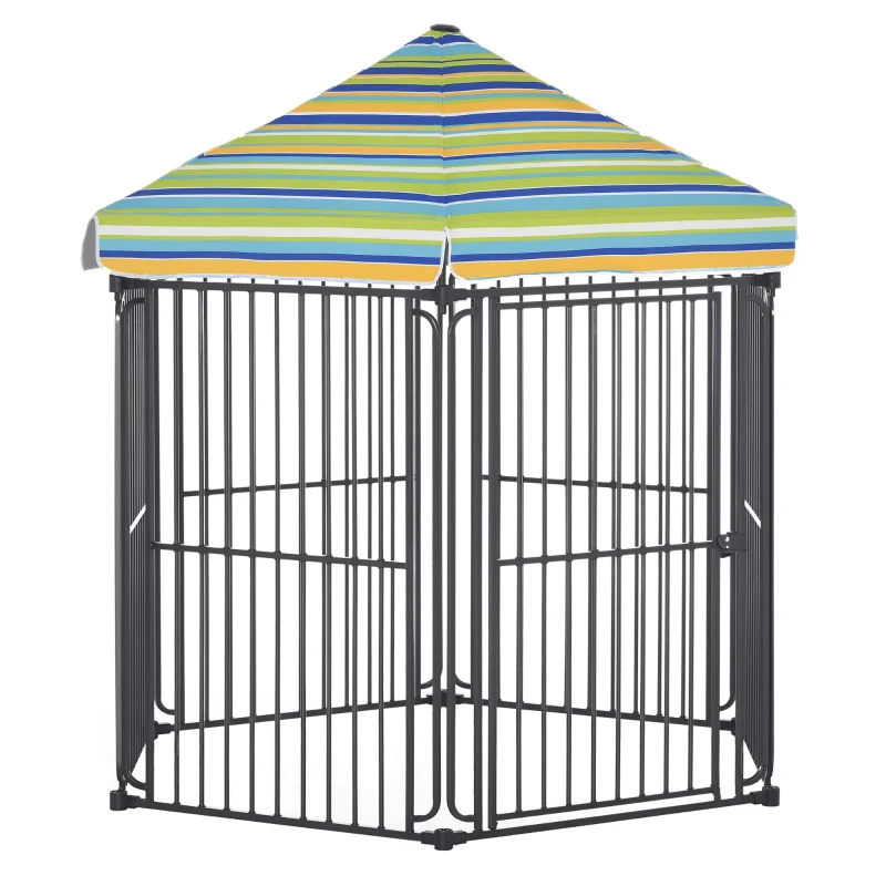 PawHut 60" x 52" Heavy-Duty Metal Dog Playpen, Outdoor Pet Cage Kennel, Puppy Exercise Fence Barrier with Weather-Resistant Polyester Roof, Locking Door, & Metal Frame