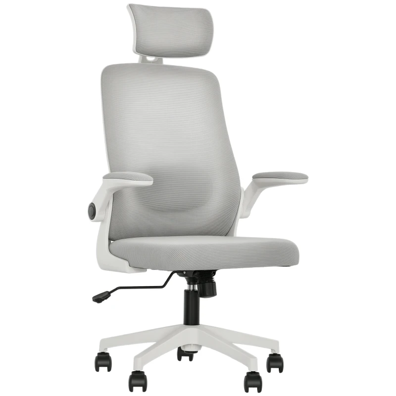 HOMCOM Mesh Office Chair, Ergonomic Desk Chair with Flip-up Armrest, Rotatable Headrest, Adjustable Lumbar Support, Gray