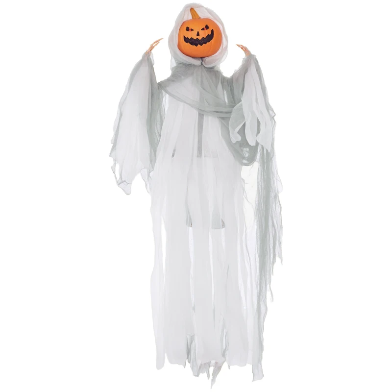 HOMCOM 3.9' Outdoor Halloween Hanging Pumpkin Ghost w/ Light Up Eyes, Sound Activated Prop w/ Creepy Howling Sounds