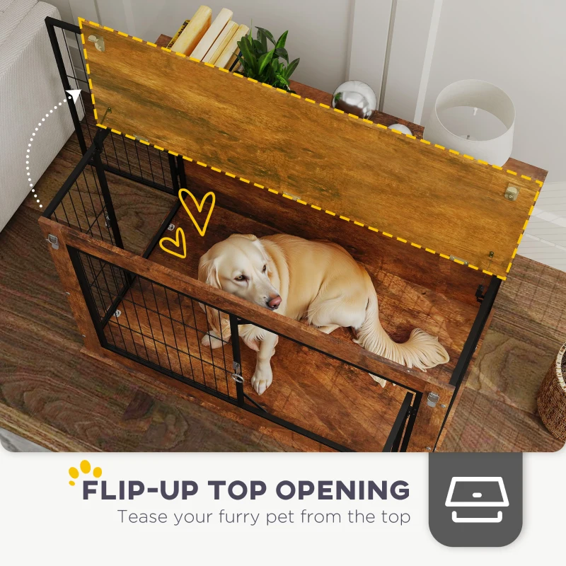 PawHut 39" Dog Crate Furniture w/ Flip-up Top Opening, 2 Doors, Dog Kennel Furniture for Large Dogs, Rustic Brown