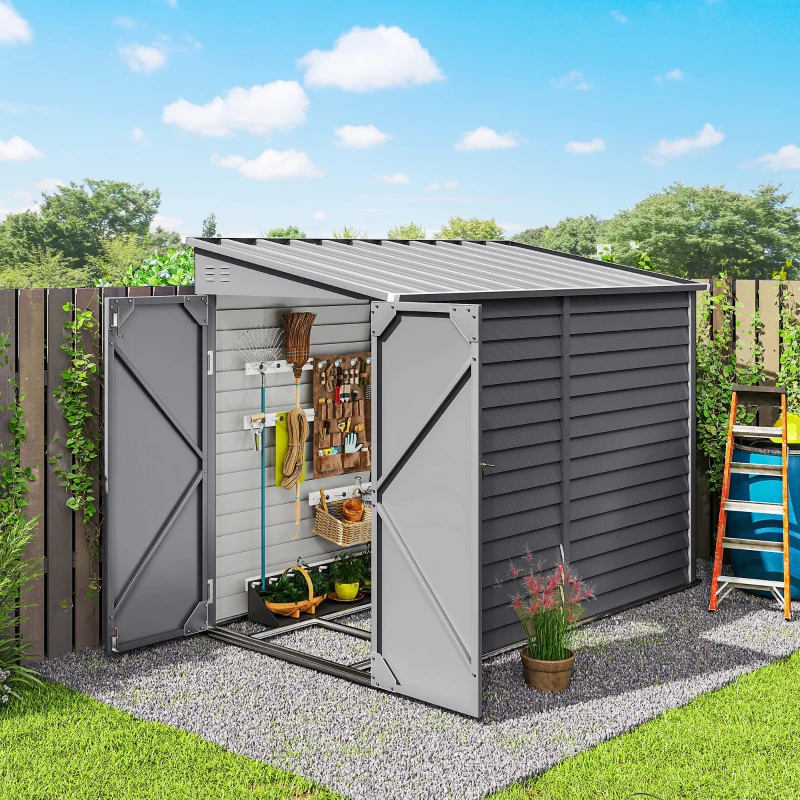 Outsunny 4.6' x 9' Steel Outdoor Storage Shed, Lean to Shed, Metal Tool House with Foundation Kit, Lockable Doors, Gloves and 2 Air Vents for Backyard, Patio, Lawn, Grey