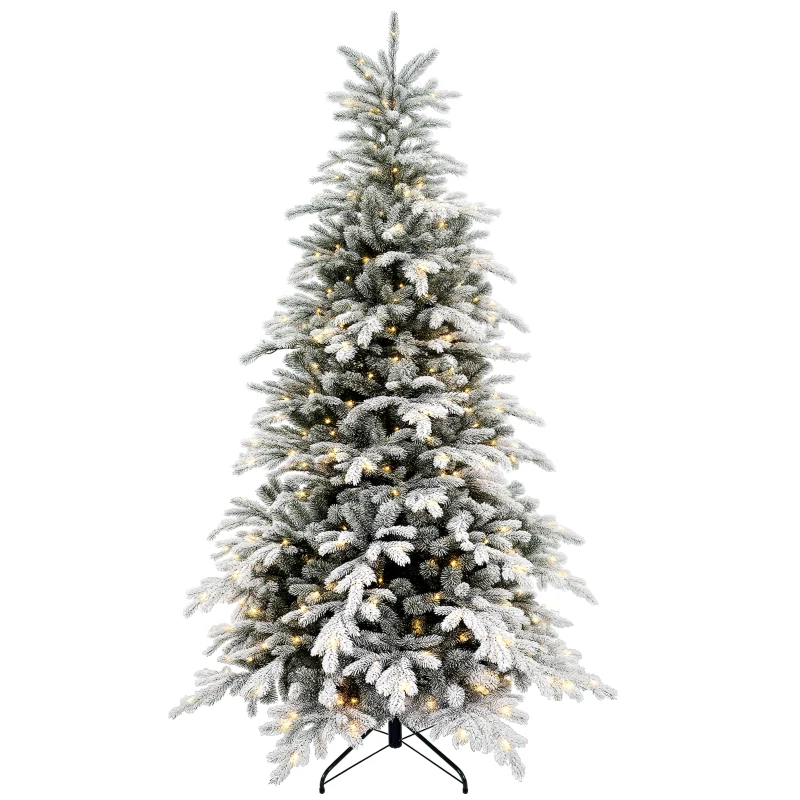 HOMCOM 7ft Artificial Prelit Christmas Tree with Warm White LED Light and Snow Flocked Branches, Metal Base