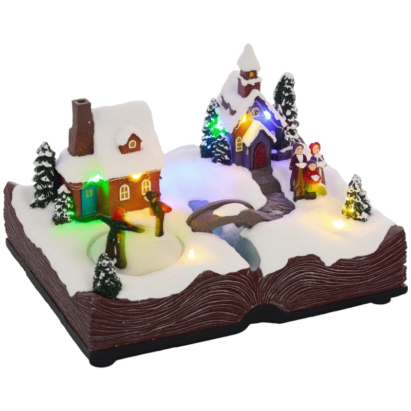 HOMCOM Christmas Village Houses with LED Lights, Music, Christmas Village Decoration with Rotating Ice Skaters, Battery Operated