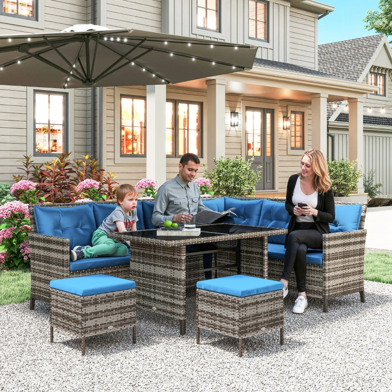 Outsunny 6pcs Outdoor Rattan Sofa Set Garden Wicker Sectional Couch Furniture Set with Dining Table and Chair Blue