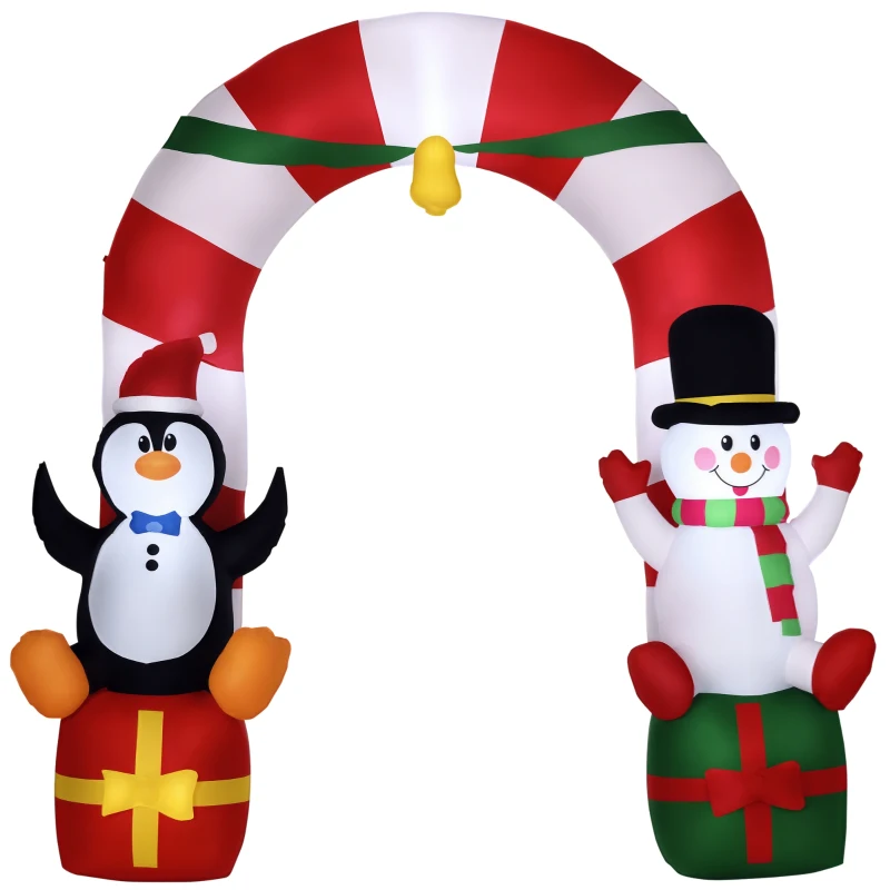Outsunny 9ft Christmas Inflatable Candy Cane Archway with Penguin Snowman Sit on Gift Box, Blow-Up Outdoor LED Yard Display for Lawn Garden