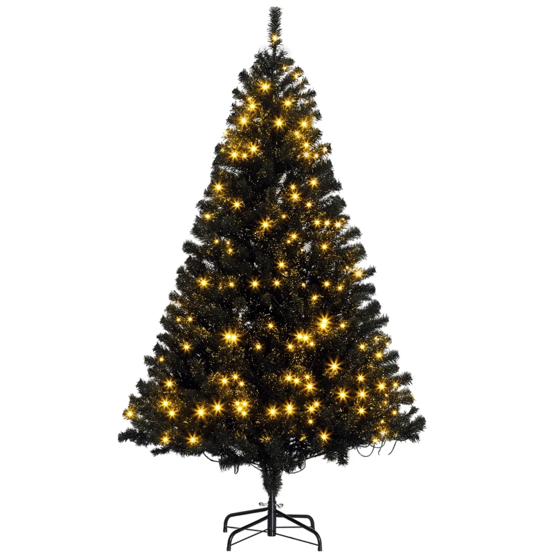 HOMCOM 6 FT Tall PreLit Artificial Christmas Tree with Realistic Branches, 250 Warm White LED Lights and 1000 Tips, Black
