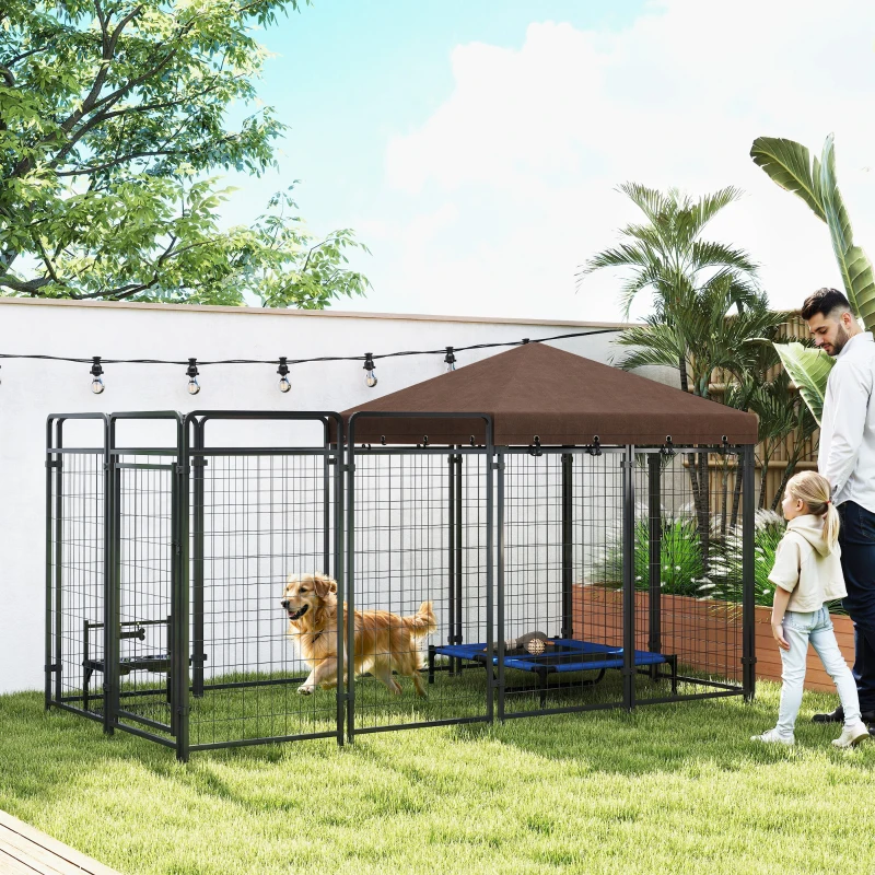 PawHut Dog Kennel Outdoor with Waterproof Canopy, Dog Run with Galvanized Chain Link for Large and Medium Dogs, Black