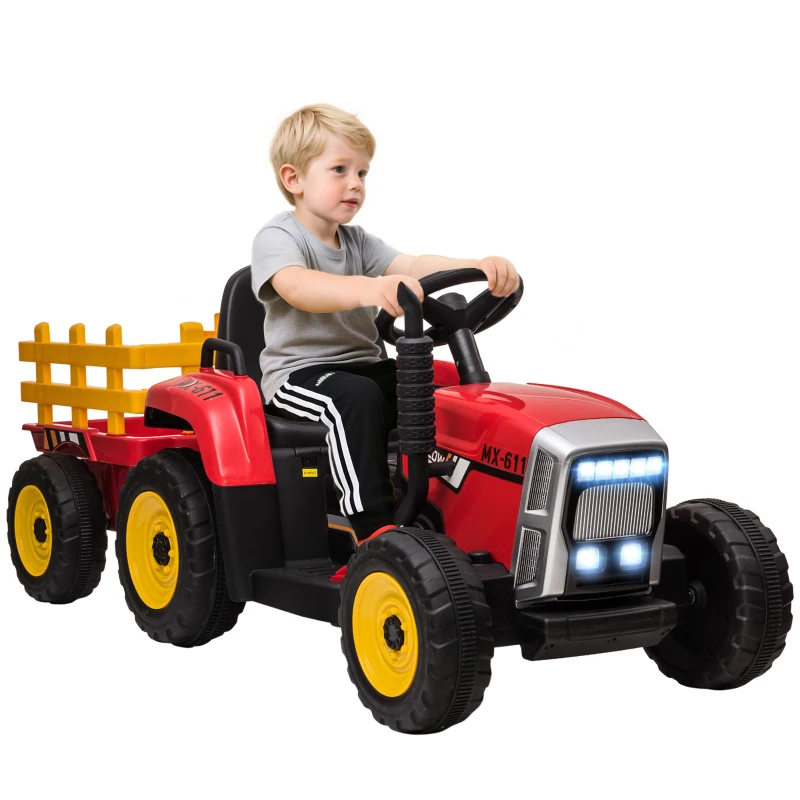 Aosom 12V Kids Ride on Tractor with Trailer, Remote Control, Music Start up Sound and Horn, USB, LED Lights, Red