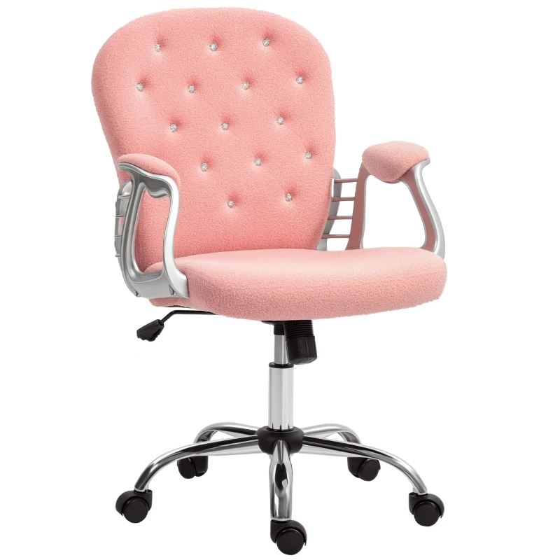 Vinsetto Button Tufted Desk Chair, Home Office Chair with Padded Armrests, Adjustable Height and Swivel Wheels, Pink