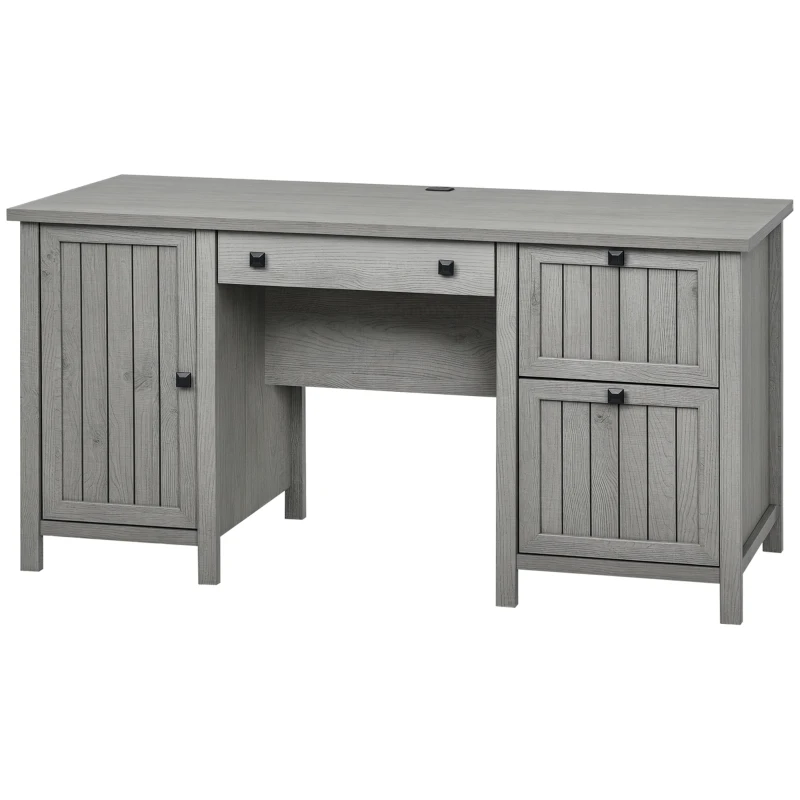 HOMCOM Vintage Executive Computer Desk, Home Office Work station, Student Table with Cabinet & 3 Drawers for Hanging Files, Grey