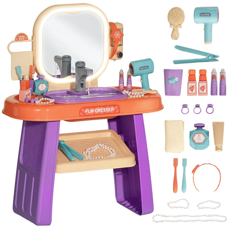 Qaba Kids Vanity Set with Mirror, LED Light, Music, 23 Accessories, Pretend Play Set for Girls 3-6 Years, Purple