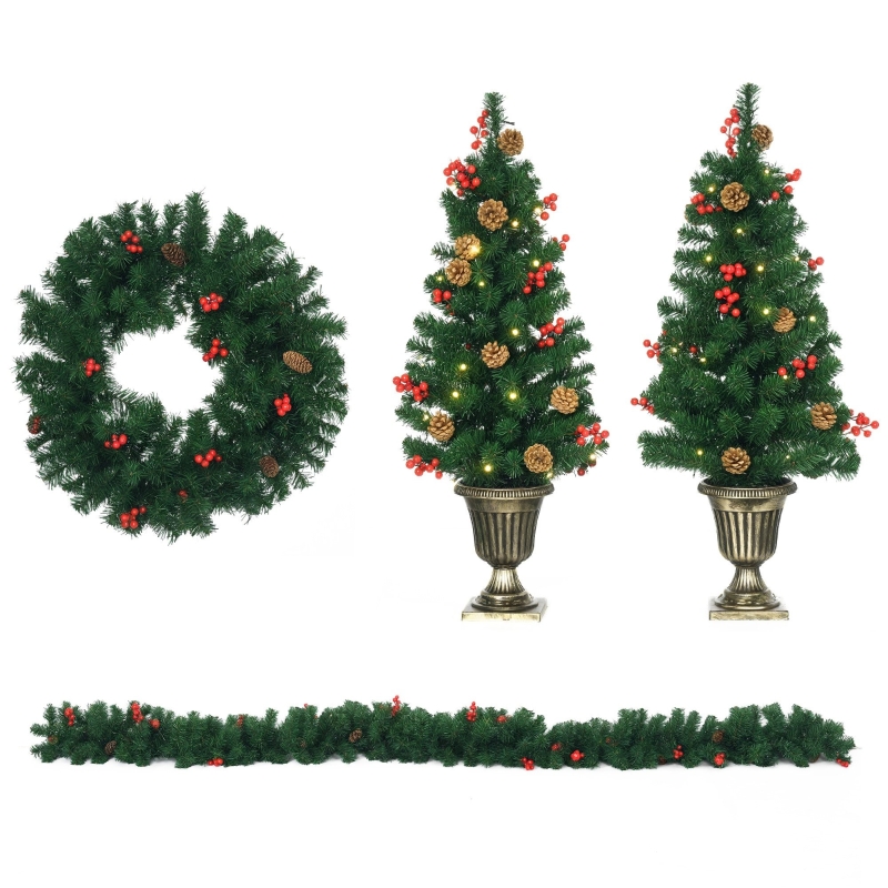 HOMCOM Prelit Holiday Christmas 4-Piece Set, Garland Wreath and Set of 2 Entrance Trees with Warm White LED Lights, Red Berries, Pine Cones, Green
