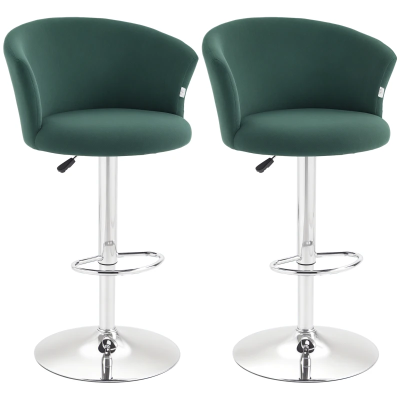 HOMCOM Adjustable Bar Stools Set of 2, Velvet Upholstered Counter Height Barstool with Swivel Seat, Wing Back, Dark Green