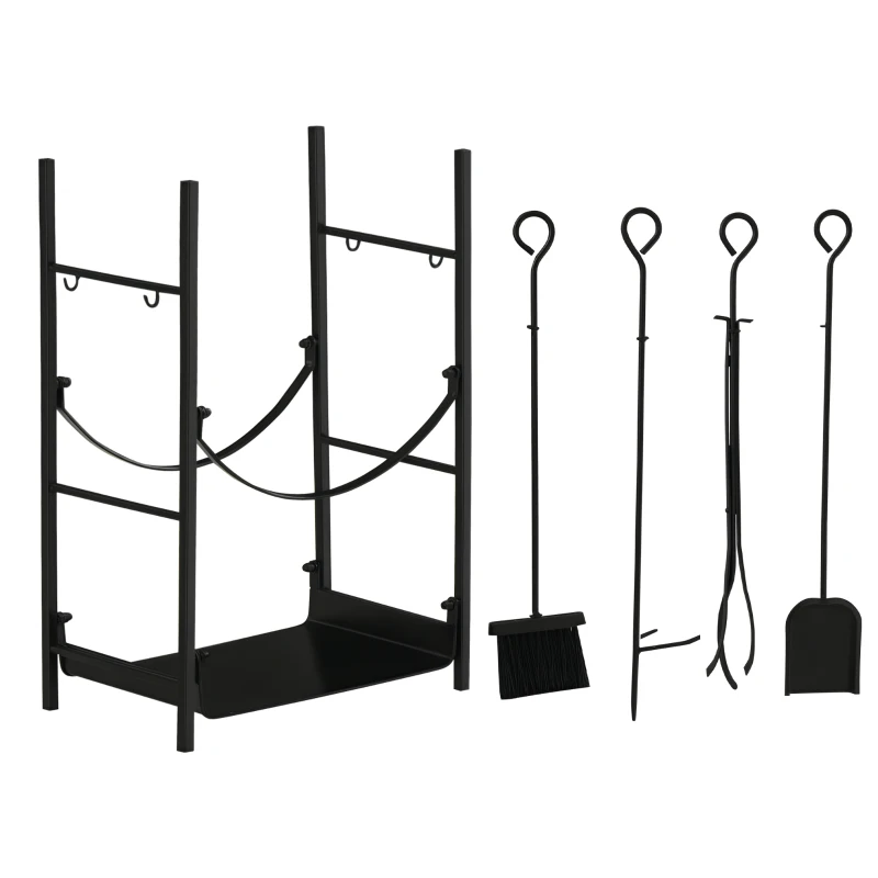 Outsunny Firewood Rack with Fireplace Tools, Indoor Outdoor Firewood Holder, Flat Bottom with 2 Tiers for Fireplace, Wood Stove, Hearth or Fire Pit, Black