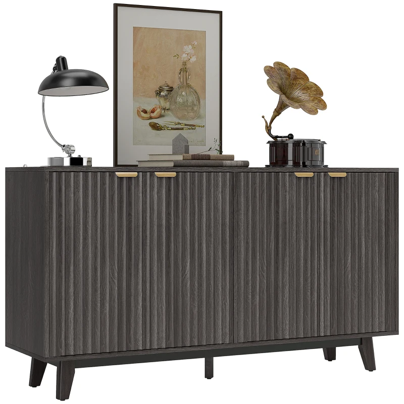 HOMCOM Fluted Sideboard Buffet Cabinet, 55" Coffee Bar Cabinet with 4 Doors, 2 Adjustable Shelves, 5 Wood Legs, Dark Gray