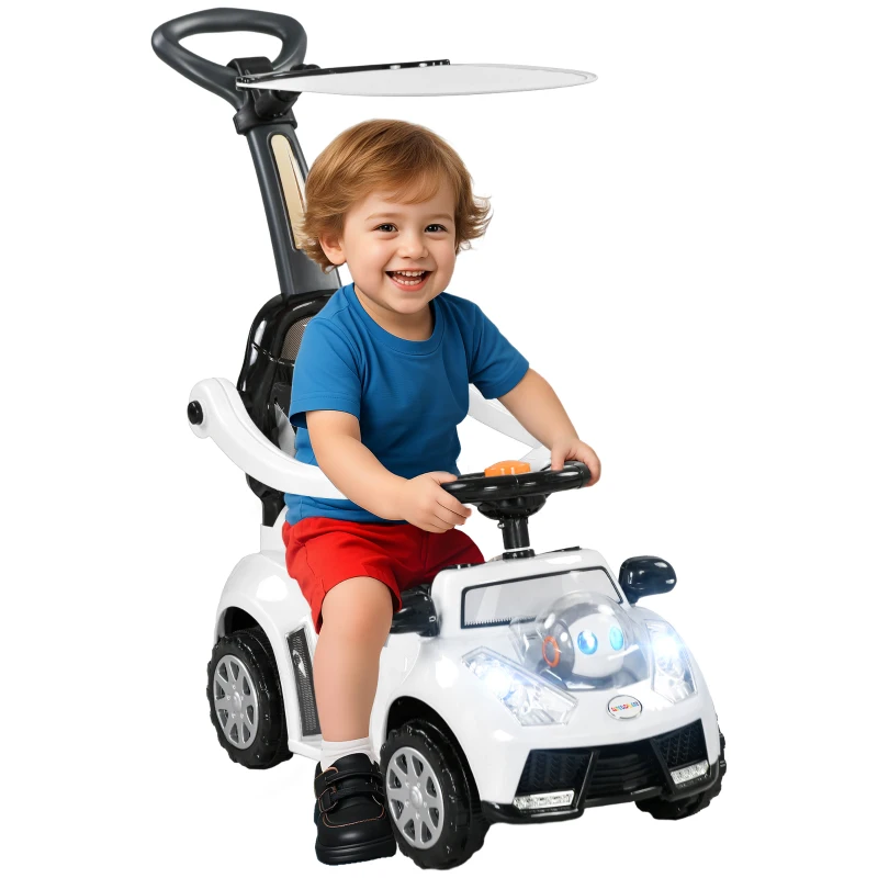 Qaba 3 in 1 Kids Push Car Toddler Sliding Car, Foot to Floor Design with Music, Light, Handle, Removable Canopy, White