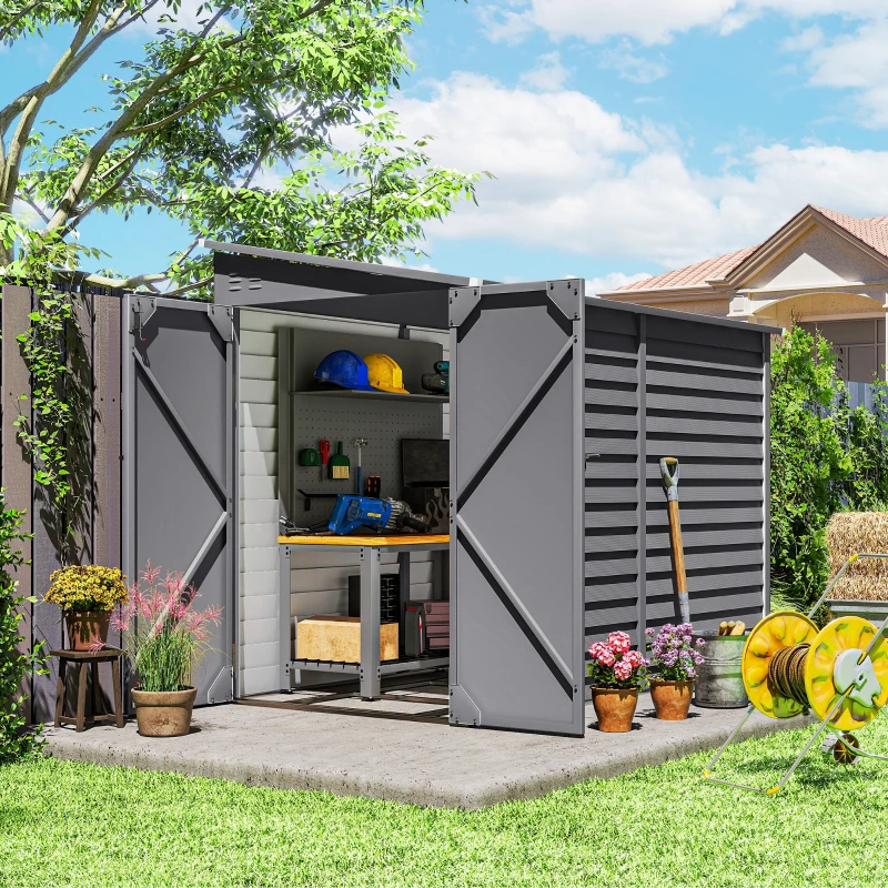 Outsunny 4.6' x 9' Steel Outdoor Storage Shed, Lean to Shed, Metal Tool House with Foundation Kit, Lockable Doors, Gloves and 2 Air Vents for Backyard, Patio, Lawn, Grey