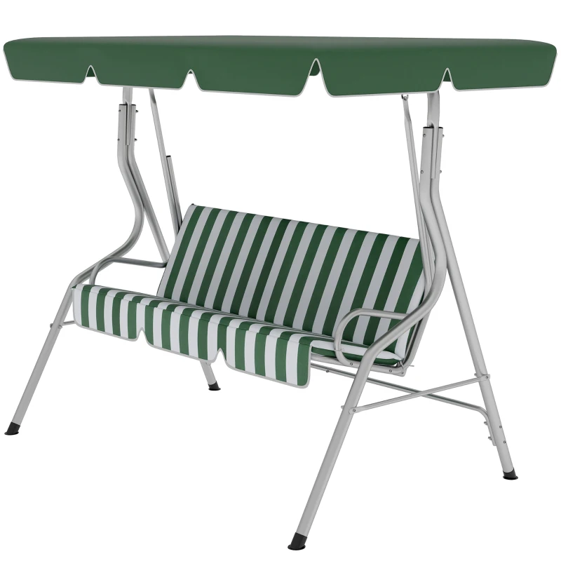 Outsunny 3-Seat Patio Swing Chair, Outdoor Porch Swing Glider with Adjustable Canopy, Removable Cushion, and Weather Resistant Steel Frame, for Garden, Poolside, Green & White