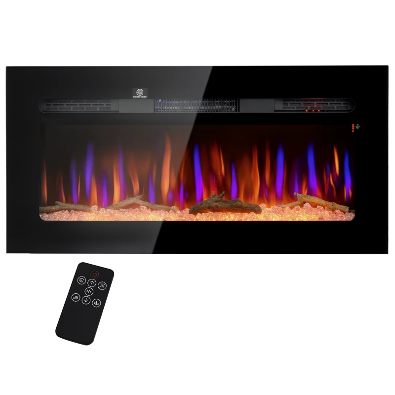 HOMCOM 40" Recessed or Wall Mounted Electric Fireplace Heater with Remote Control, Adjustable Flame Color and Brightness