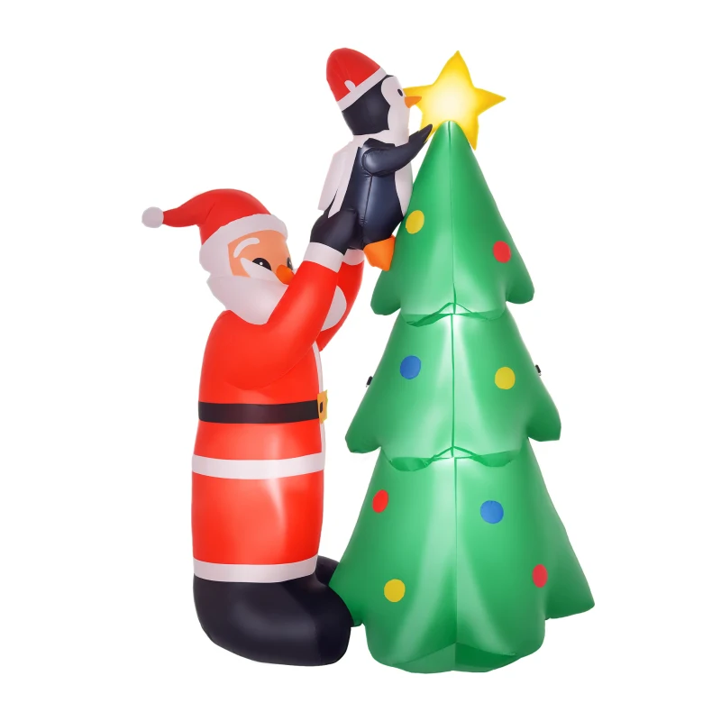 HOMCOM 6ft Christmas Inflatable Tree with Santa Claus and Penguin Outdoor Decorations with Built-in white Lights Xmas Blow up Decor for Yard Lawn Garden