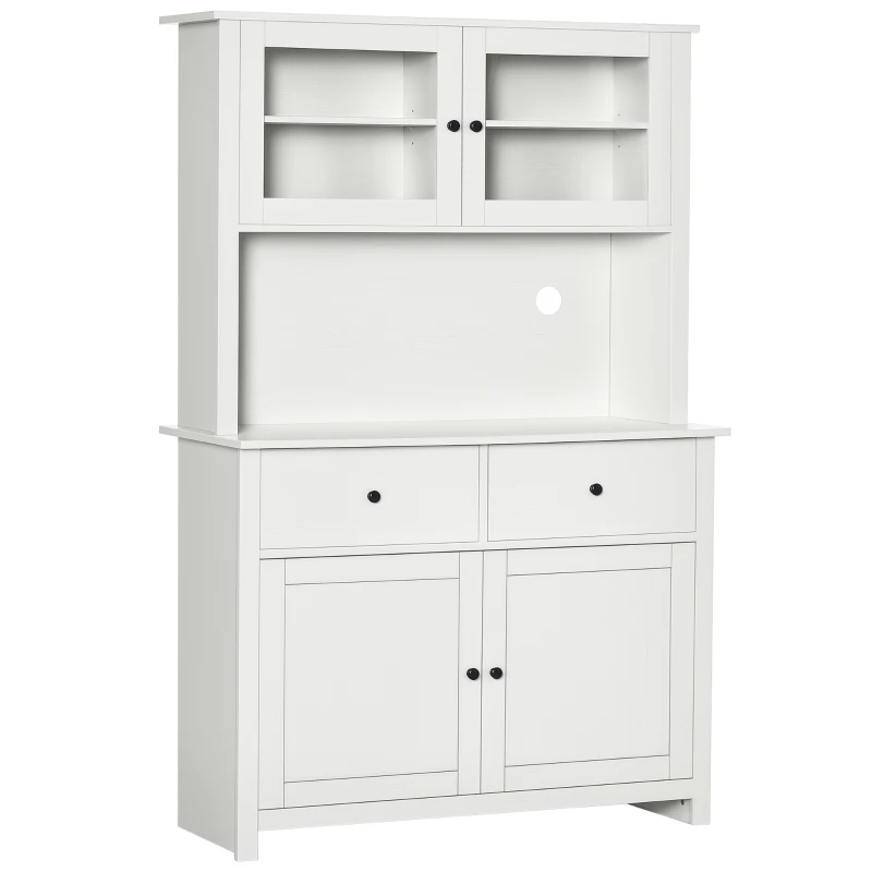 HOMCOM 63.5" Kitchen Buffet with Hutch, Pantry Storage Cabinet with 4 Shelves, Drawers, Framed Glass Doors, Open Microwave Countertop, Antique White