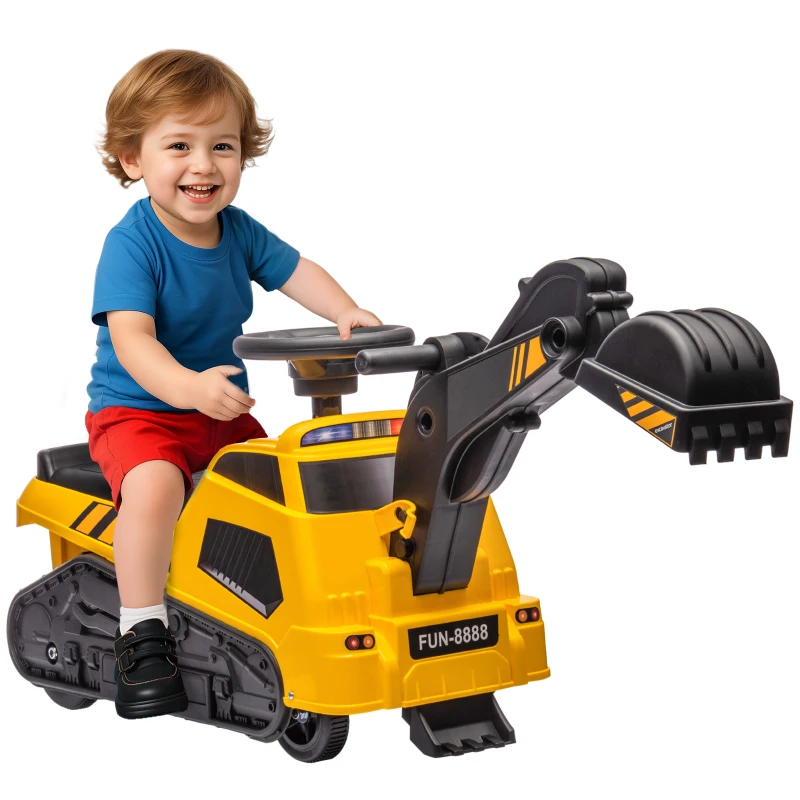 Aosom 3 in 1 Ride on Excavator Bulldozer Road Roller, No Power Pretend Play Construction with Music, for 18-48 Months, Yellow